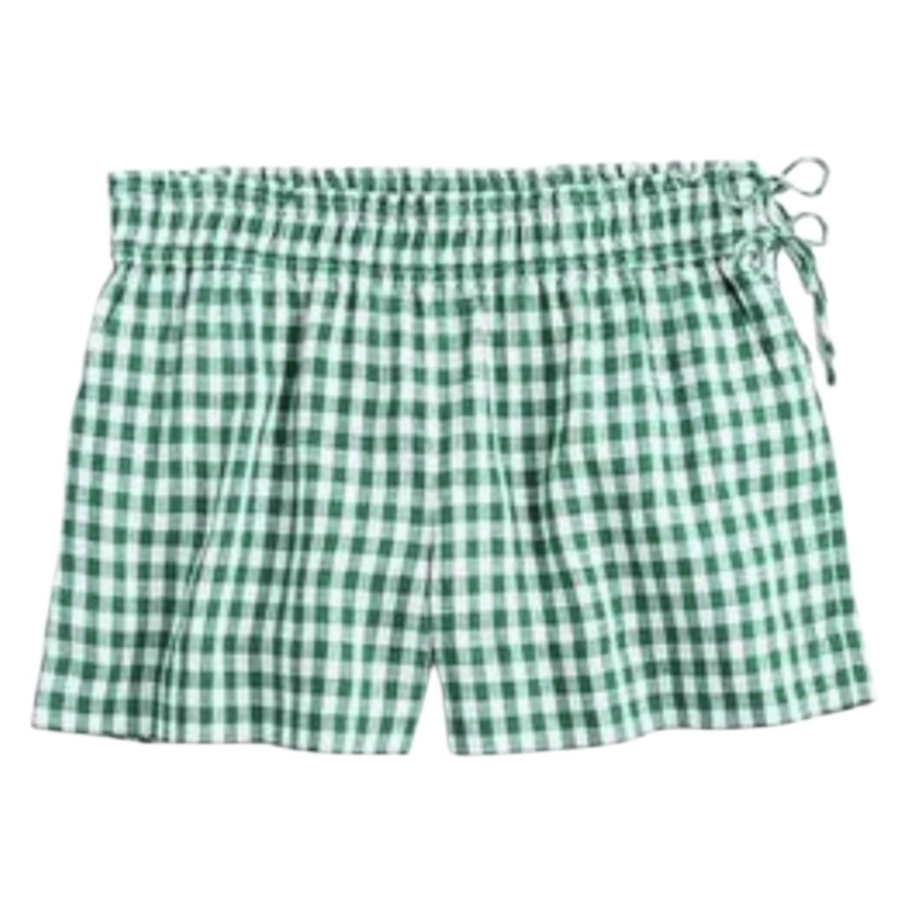 NWOT J.Crew Womens 100% Linen Shorts Green Gigham Plaid side Tie Shorts Large